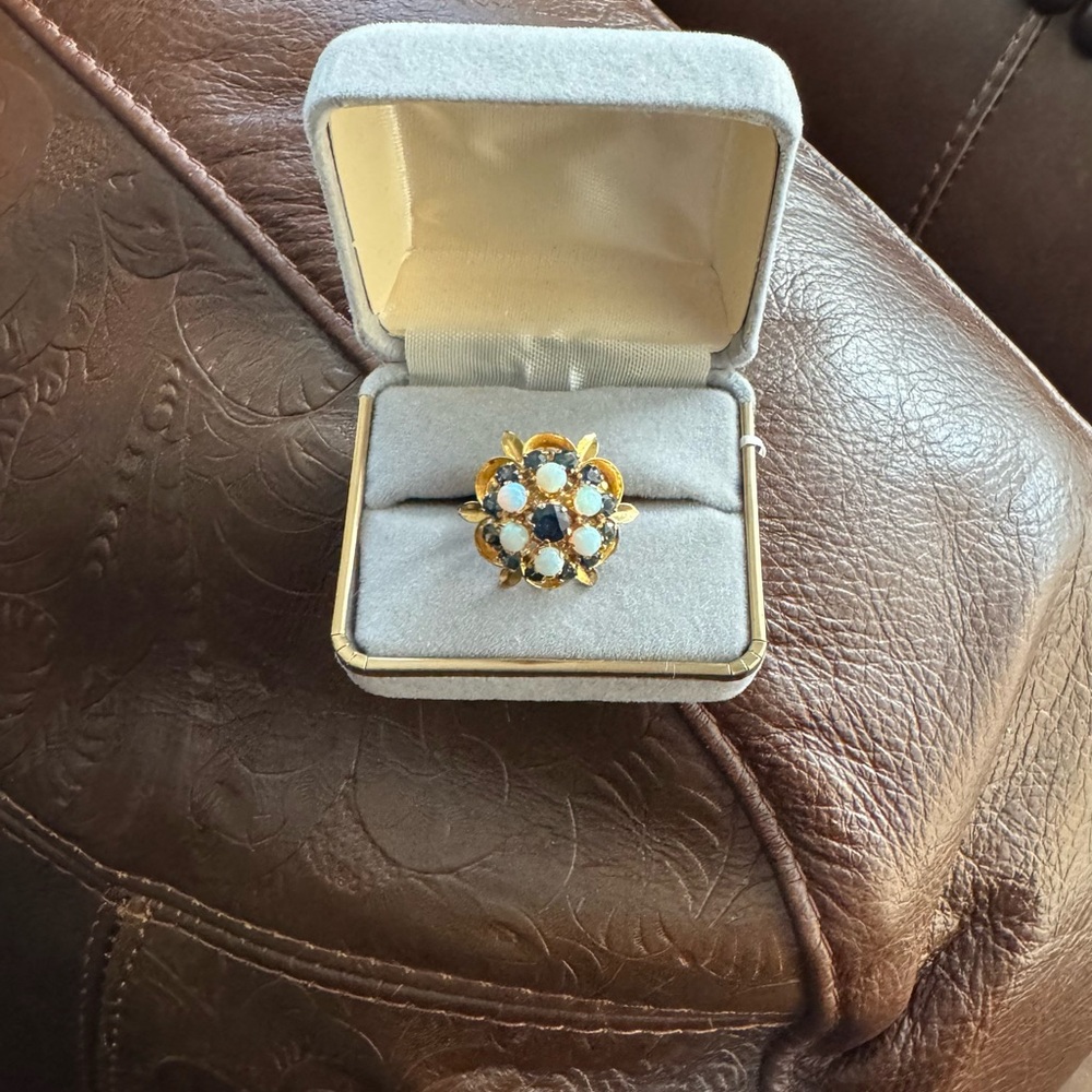 Elegant 14K Gold Sapphire & Opal Floral Ring